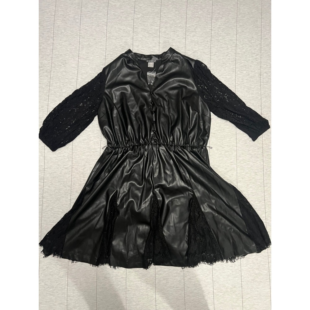 Venus Black Faux Leather Lace Trim Midi Dress Button Front Elastic Waist Size 18 - Picture 2 of 12